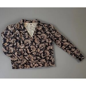 Vintage Floral Blouse Women's Small Black Beige Button Front Made USA Retro Top